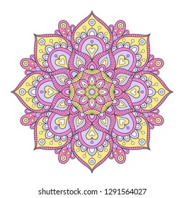 Vector hand drawn doodle mandala. Ethnic mandala with colorful tribal ornament. Isolated. Pastel colors.