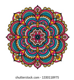 Vector hand drawn doodle mandala. Ethnic mandala with colorful ornament. Isolated. 