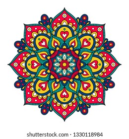 Doodle mandala dibujada a mano del vector. Mandala étnica con colorido adorno tribal. Aislado. Colores brillantes.