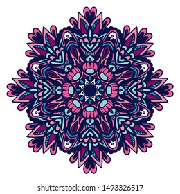 Vector hand drawn doodle mandala. Ethnic star flower with colorful ornament. Isolated. Illustration on doodle style.