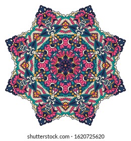 Vector hand drawn doodle mandala. Ethnic star flower with colorful ornament. Isolated. Illustration border frame in doodle style.