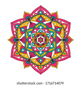 Vector hand drawn doodle mandala. Ethnic mandala with colorful ornament. Isolated on white background. Bright colors: pink, yellow, green. 