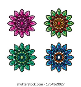 Doodle mandala dibujada a mano con vectores con tracería. Mandala étnica con adorno colorido. Aislado. Rojo, blanco, amarillo, verde en fondo blanco