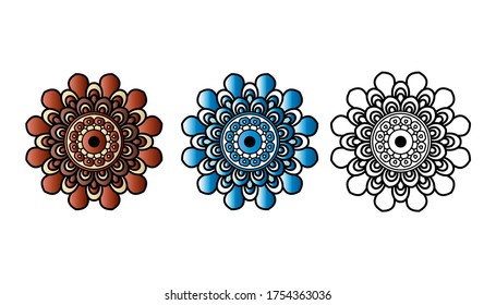 Vector hand drawn doodle mandala with tracery. Ethnic mandala with colorful ornament. Isolated. Red, white, yellow, green colors on white background