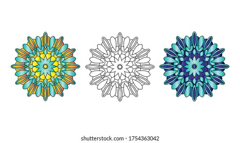 Doodle mandala dibujada a mano con vectores con tracería. Mandala étnica con adorno colorido. Aislado. Rojo, blanco, amarillo, verde en fondo blanco