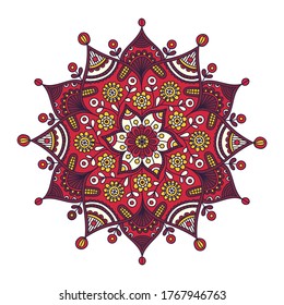 Vektor handgezeichnet Doodle mandala. Ethnische Mandala mit buntem Ornament. Braun, rot, weiß und gelb. Einzeln auf weißem Hintergrund. Meditation mystische Illustration.