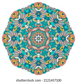 Diseño de mandala de doodle dibujado a mano con vectores. Medallón de doodle de verano étnico con adorno colorido.