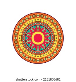 Vektor handgezeichnet doodle mandala mit Herzen. Ethnische Mandala mit buntem Ornament. Helle Farben. Einzeln. Illustration im Doodle-Stil.