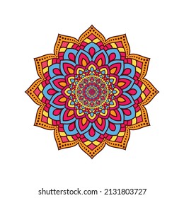 Vector hand drawn doodle mandala with hearts. Ethnic mandala with colorful ornament. Bright colors. Isolated. Illustration on doodle style.