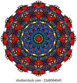 Vector hand drawn doodle mandala with hearts. Ethnic mandala with colorful ornament. Bright colors. Isolated. Illustration on doodle style.
