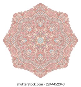 Vector hand drawn doodle mandala lace. Ethnic medallion with colorful ornament. Doodle style rosette star on pink colors.