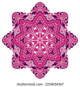 Vector hand drawn doodle mandala. Ethnic medallion with colorful ornament. Doodle style rosette star on pink colors.