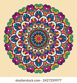 Vector hand drawn doodle mandala. Ethnic mandala with colorful ornament. Bright colors. Isolated. Illustration on doodle style.