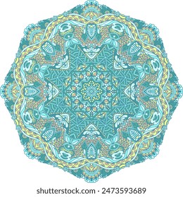 Vector dibujado a mano doodle mandala diseño. Medallón étnico con adorno colorido. Colores pastel claros Medallón étnico tribal intrincado Vector. Filigrana ornamental psicodélica mandala arte