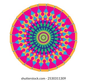 Handgezeichnetes Doodle-Mandala. Ethnisches Mandala mit bunter Stammesverzierung. Einzeln. Helle Farben.