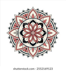 Handgezeichnetes Doodle-Mandala. Ethnisches Mandala mit bunter Stammesverzierung. Einzeln. Helle Farben.