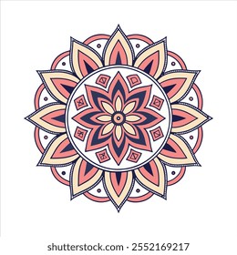 Handgezeichnetes Doodle-Mandala. Ethnisches Mandala mit bunter Stammesverzierung. Einzeln. Helle Farben.