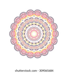 Vector hand drawn doodle mandala. Round ethnic ornaments. Yellow, red, brown and dark violet colors.