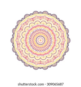 Vector hand drawn doodle mandala. Round ethnic ornaments. Yellow, red, brown and dark violet colors.