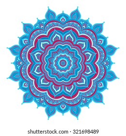 Vector hand drawn doodle mandala. Ethnic mandala with colorful ornament. Isolated. Red, white and blue colors.