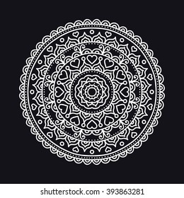 Vector hand drawn doodle mandala. Ethnic mandala with ornament. Isolated. Black and white colors. Mandala with hearts and dots. Outline.
