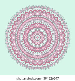 Vector hand drawn doodle mandala. Ethnic mandala with colorful ornament. Isolated. Pink, white, red and green colors. Light pastel colors.