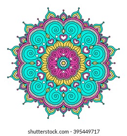 Vector hand drawn doodle mandala with hearts. Ethnic mandala with colorful ornament. Isolated. Pink, white, yellow, green colors.