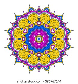 Vector hand drawn doodle mandala with hearts. Ethnic mandala with colorful ornament. Isolated. Pink, white, yellow, blue colors.