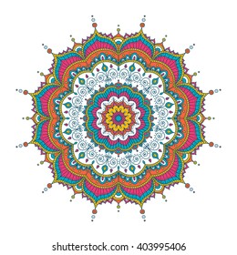 Vector hand drawn doodle mandala with hearts. Ethnic mandala with colorful ornament. Isolated. Pink, white, yellow, blue and orange colors.