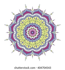 Vector hand drawn doodle mandala with hearts. Ethnic mandala with colorful ornament. Isolated. Pink, white, yellow, purple colors.