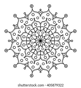 Vector hand drawn doodle mandala. Ethnic mandala with ornament. Isolated. Black and white colors. Color page for adult.