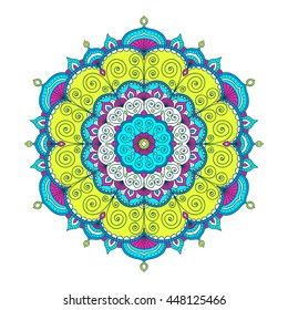 Vector hand drawn doodle mandala. Ethnic mandala with colorful tribal ornament. Isolated. Pink, white, blue and yellow colors. On white background.