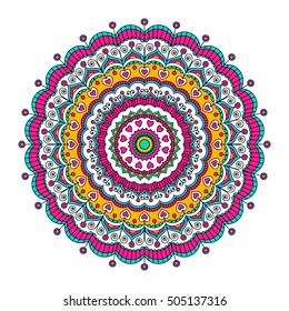 Vector hand drawn doodle mandala with hearts. Ethnic mandala with colorful ornament. Isolated. Tribal ornament. Bright colors.