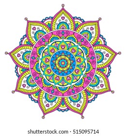 Vector hand drawn doodle mandala with hearts. Ethnic mandala with colorful ornament. Isolated. Tribal ornament. Bright colors mandala.