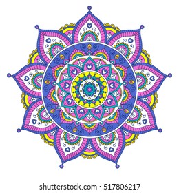 Vector hand drawn doodle mandala with hearts. Ethnic mandala with colorful ornament. Isolated. Tribal ornament. Pink, blue, yellow, white colors.