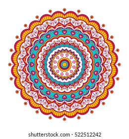 Vector hand drawn doodle mandala with hearts. Ethnic mandala with colorful ornament. Isolated. Tribal ornament. Red, yellow, blue, white and pink colors.