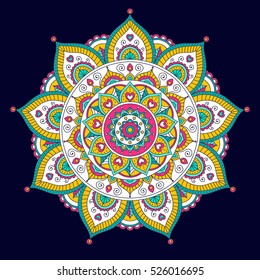 Vector hand drawn doodle mandala with hearts. Ethnic mandala with colorful ornament. Isolated. Tribal ornament. Light mandala on dark background.