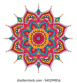 Vector hand drawn doodle mandala. Ethnic mandala with colorful tribal ornament. Isolated. On white background.