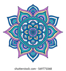 Vector hand drawn doodle mandala. Ethnic mandala with colorful tribal ornament. Isolated. Pink, white, blue and yellow colors.