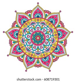 Vector hand drawn doodle mandala with hearts. Ethnic mandala with colorful ornament. Isolated. Pink, white, yellow, blue colors. On white background.