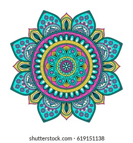 Vector hand drawn doodle mandala with tracery. Ethnic mandala with colorful ornament. Isolated. Pink, white, yellow, green colors. On white background. Doodle illustration.