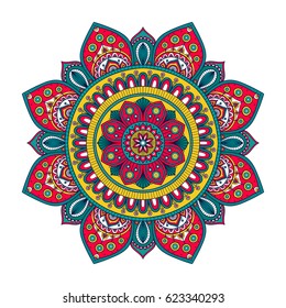 Vector hand drawn doodle mandala with tracery. Ethnic mandala with colorful ornament. Isolated. Red, white, yellow, green colors. On white background. Doodle illustration.