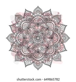 Vector hand drawn doodle mandala with hearts. Ethnic mandala with colorful ornament. Pink and gray colors.