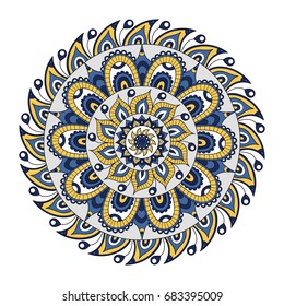 Vector hand drawn doodle mandala. Ethnic mandala with colorful tribal ornament. Isolated. On white background. Yellow and gray colors. Illustration on doodle style.