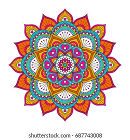 Vector hand drawn doodle mandala with hearts. Ethnic mandala with colorful ornament. Bright colors. Isolated. Illustration on doodle style.