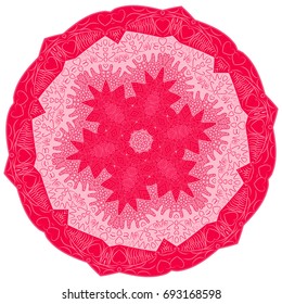 Vector hand drawn doodle mandala with hearts. Ethnic mandala with colorful ornament. Isolated. Illustration on doodle style. Pink colors.