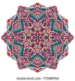 Vector hand drawn doodle mandala with tracery. Ethnic mandala with colorful ornament. Isolated on white background. Doodle illustration.