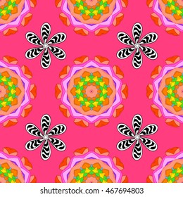 Vector hand drawn doodle mandalas. Ethnic mandala with colorful ornament. Pink, white, yellow, green, black colors.