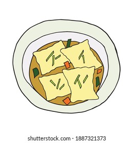 Vector hand drawn doodle maultaschen. German cuisine dish. Design sketch element for menu cafe, restaurant, label and packaging. Colorful illustration on a white background.