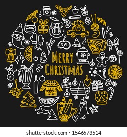 Vector hand drawn doodle mega set of symbols and objects on a сhristmas theme